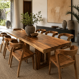 Juego de Mesa de Comedor Moderno de Madera Maciza con Borde Natural y 8 Sillas con Respaldo Curvo, Acabado en Nogal Natural, Muebles para Restaurante - Product Image 1