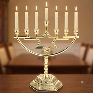 Luxury Gold Metal Menorah Candelabra 7 Branch <b>Candle</b> <b>Holder</b> Decorative Hanukkah Centerpiece Table Decor - Product Image 5