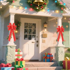 2 Pezzi Fiocchi Natalizi in Velluto Rosso/Oro 28x50 cm, Decorazioni Lucide Dorate per Albero di Natale, Ghirlande per Porte, Finestre e Caminetti - Product Image 2