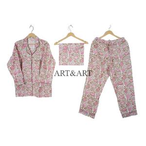 Vintage Classic Women's Summer Casual Pajama <b>Set</b> Three-Piece Floral Pattern 100% Cotton Eco-Friendly Button for Wear Wholesale - Product Image 6