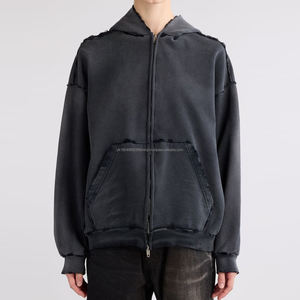 Broderie lourde bouffée impression français éponge polaire coton surdimensionné recadrée fermeture éclair unisexe en détresse lavé acide sweats à capuche personnalisés - Product Image 1