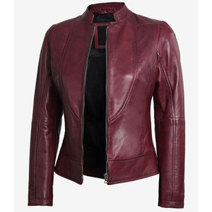 Wholesale Real Sheepskin Leather Women’s <b>Jacket</b> - Stand Collar Tailored Fit Burgundy High-Quality Outerwear - Product Image 4