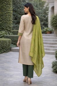 Nouvel ensemble Kurti vert élégant pour femmes, manches 3/4, soie jacquard, entièrement cousu, pour occasions régulières et festives - Product Image 4