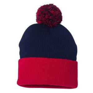 Bonnet unisexe camouflage color block avec pompon 56-58CM, bonnet d'hiver décontracté en coton tricoté pour adultes, rouge et bleu marine - Product Image 1