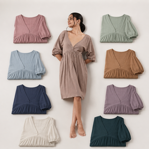 Women's Bohemian Handmade Solid <b>Summer</b> V-Neck Midi Dress 3/4 Sleeve Eco-Friendly Breathable Cotton Regular Fit <b>Kaftan</b> Wholesale - Product Image 3