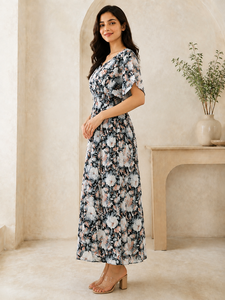 Robe MIDI Femme Imprimé Floral 2026 de Haute Qualité en Gros, Manches Courtes Volantes, Col en V, Couleur Blanche, Confortable, Vêtements Féminins - Product Image 2