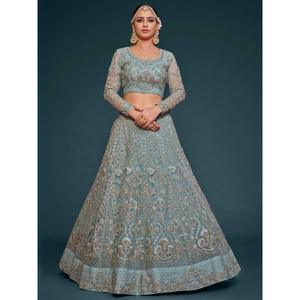 Fetching Aqua Blue Embroidered Soft <b>Net</b> Lehenga Choli With Dupatta - Product Image 6