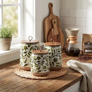 <b>Decorative</b> Ceramic Canister Set Wooden <b>Lid</b> Botanical Print Airtight Kitchen Storage Jars Elegant Counter Organizer - Product Image 3