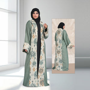 Abaya de Lino con Frente Abierto y Elegantes Paneles en Contraste con Estampado Digital, Prenda Moderna y Recatada, Larga hasta el Suelo, Moda Femenina - Product Image 1