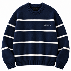 Navy Custom Logo Men’s Striped Knit Sweater Cotton Acrylic Blend Crew Neck <b>Long</b> Sleeve Pullover <b>Jumper</b> Premium Sweater - Product Image 1
