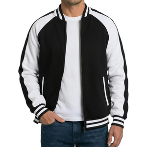 <b>Men's</b> Black And <b>White</b> Varsity <b>Jacket</b> Zipper Closure Casual Style Autumn Wear Regular Fit Solid Color Polyester Material - Product Image 1
