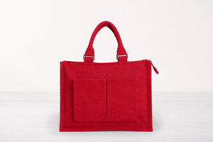 Red Jute Tote Bag With Zipper Closure And Front Pockets Minimalist Design For Daily Use - Product Image 3