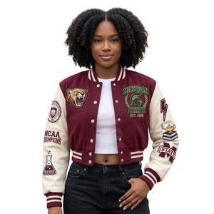 Customized Varsity <b>Jacket</b> Wool Body <b>Leather</b> Sleeves New Style Snap Button Thick Warm Quilting Vintage Look Wholesale crop womens - Product Image 2