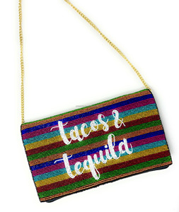 Tacos Tequila Striped Design Full Beaded Clutch <b>Bag</b> Funny Statement Casual Fiesta Theme Handmade Colorful Bead Durable Foldable - Product Image 2