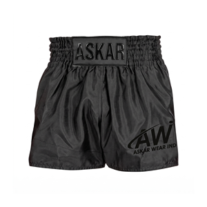 Shorts de boxe Askar unisexe noirs, séchage rapide, respirants, légers, en polyester, pour arts martiaux, coupe régulière adulte, logo avant - Product Image 1