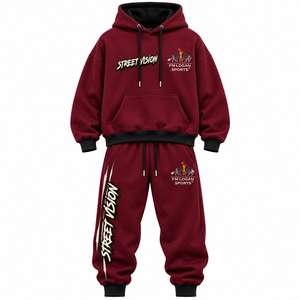ชุดเซ็ตแทรคสูทสตรีทแวร์สีเบอร์กันดี ยูนิเซ็กซ์ ผ้าฝ้าย 100% เสื้อฮู้ดมีซิป กางเกงจ็อกเกอร์ ทรงหลวม พิมพ์ลายซิลิโคนตัวอักษรด้านหน้า ลายด้านข้าง - Product Image 1