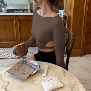 Women Seamless Brown Long Sleeve Yoga Top Square Neck Cut-Out Solid <b>Color</b> Activewear Full Sleeve Breathable Fitness <b>Shirt</b> - Product Image 5