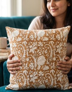 Premium Quality Vintage Ethnic Floral Block Print 100% Cotton Square <b>Cushion</b> <b>Cover</b> with Timeless Design for Home Use - Product Image 2