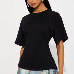 OEM Women's New Round Neck Versatile 100% Cotton Solid Jersey Hip Hop <b>T</b>-Shirt <b>Back</b> Zipper Design Regular Fit Short Sleeve Top - Product Image 5