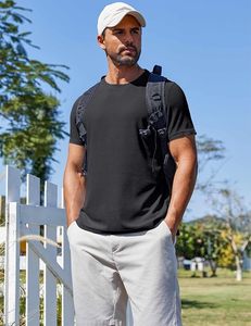 Camiseta de Manga Corta para Hombre, Cuello Redondo, Color Negro, Corte Ajustado, Tejido Transpirable, Informal, Color Sólido, Poliéster - Product Image 6