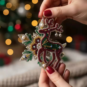 Ornement rectangulaire de Noël fait main de luxe, de haute qualité, avec perles, motif renne et flocon de neige en forme de cœur, pour suspendre à l'arbre de Noël, décoration festive - Product Image 1