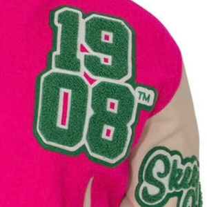 1908 Stacked Green Crop Leather Varsity Jacket Women Embroidered Letterman Bomber <b>Coat</b> Casual College Style Cropped Fashion - Product Image 6
