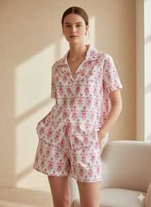 Conjunto de Pijama Elegante y Casual para Mujer, 2 Piezas, Manga Corta, Cuello Camisero, 100% Algodón, Transpirable y Suave - Product Image 4