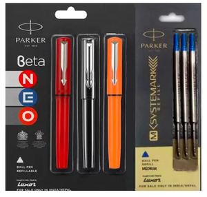 PARKER Beta Neo (Combo 3 <b>pens</b> with 3 <b>Refills</b>) Ball <b>Pen</b> (Pack of 6 Blue) - Product Image 1