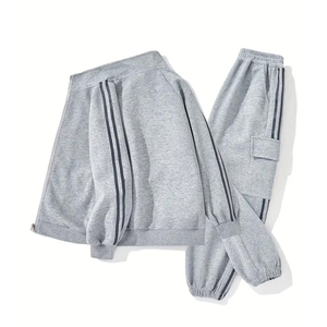 Ensemble de survêtement gris pour enfants, survêtement à manches longues, survêtement à fermeture éclair, col montant, survêtement décontracté, joggers, couleur unie, respirant, 100% coton - Product Image 2