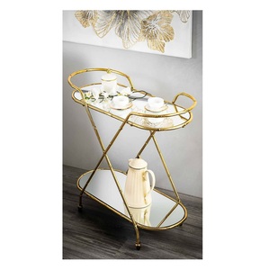 Luxury Polished Gold Oval <b>Serving</b> Cart 2-Layer Bamboo Design Metal Beverage <b>Trolley</b> with Reflective Mirror Tiers - Product Image 2