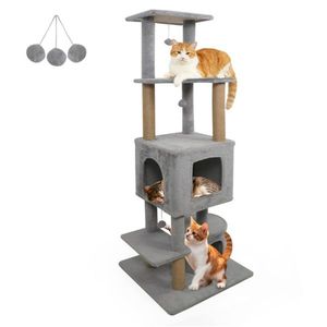 Torre per Gatti Grigio Chiaro da 64 Pollici con Posti Sdraiarsi in Peluche, 3 Palline Pendenti, Tiragraffi in Juta e Dispositivo Anti-Ribaltamento per Ambienti con Più Gatti - Product Image 1