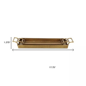 2 bandejas decorativas rectangulares de latón dorado con asas de hojas y ramas de frutas, artesanía metálica - Product Image 3