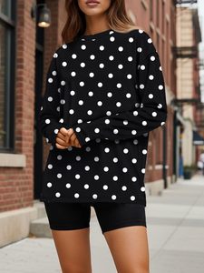 Pull à manches longues pour femme, imprimé à pois noir et blanc, col rond, manches chauve-souris, haut décontracté, 100% polyester, respirant, toutes saisons - Product Image 2