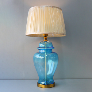 Lámpara de Mesa de Vidrio Azul con Pantalla de Tela Beige, Estilo Tradicional, Decorativa, para Sala de Estar, E27 LED AC 110V, con Interruptor - Product Image 6