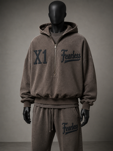 ชุดเสื้อฮู้ดปักลายสำหรับผู้ชาย Fearless X1 โลโก้ลำลอง ผ้าฝ้ายเฟรนช์เทอร์รี่ ซิปหน้า กางเกงมีเชือกผูกเอว สำหรับฤดูใบไม้ร่วง - Product Image 1
