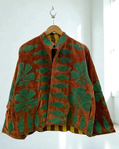 Wholesale Factory Custom <b>Women</b> Heavy Thread Embroidery Terracotta <b>Velvet</b> <b>Jacket</b> Casual Open Front Stand Collar Short Coat OEM - Product Image 2