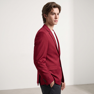 Blazer Homme Rouge Canneberge, Coupe Slim, Deux Boutons, Revers Cranté, Tissu Texturé, Poches à Rabat, Veste de Bureau et de Soirée - Product Image 2