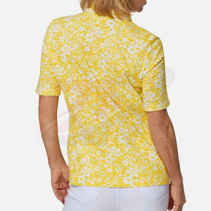 Nouveautés : Polo à fleurs à manches courtes, jaune et blanc imprimé, 100 % polyester, vêtement décontracté, tissu respirant tissé - Product Image 2