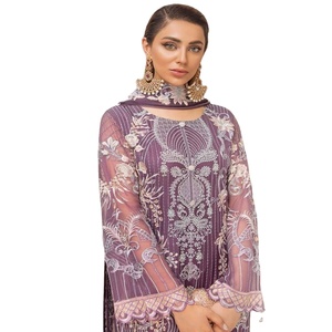 Hecho a mano Heavy Chevron bordado de lujo de 3 piezas desgaste de fiesta en gasa indio paquistaní Ramsha trajes de volumen - Product Image 1