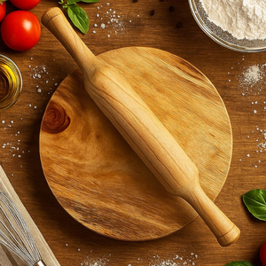 Rouleau à pâtisserie et planche à découper en bois d'acacia, design moderne, forme ronde, Chakla Belan, pour accessoires de cuisine - Product Image 1