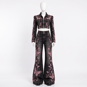 Womens Black Denim Two Piece Set Pink Butterfly <b>Floral</b> Embroidery Cropped Jacket Wide Leg <b>Jeans</b> Gothic Streetwear - Product Image 3
