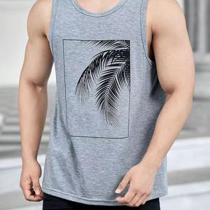 Débardeur sans manches gris pour homme, col rond, imprimé palmiers, décontracté, tricoté, respirant, en coton - Product Image 4