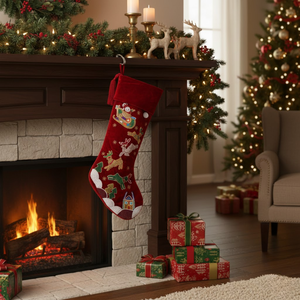 Vente en gros de chaussettes de Noël en velours rouge de 22 pouces avec broderie de Père Noël et de rennes |   Chaussette suspendue de luxe pour la décoration de cheminée - Product Image 4