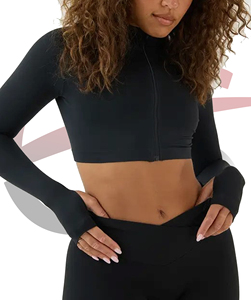Women's Black Full <b>Sleeve</b> Mock Neck Crop <b>Top</b> With Zipper Seamless Yoga Activewear <b>Top</b> - Product Image 1