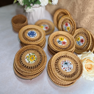 Rattan <b>Coasters</b> with mother of pearl inlay <b>woven</b> rattan shell material for drink holder table accessory Vietnam - Product Image 3