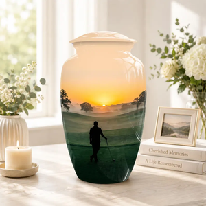 Urna Funeraria Personalizada, Recuerdo Conmemorativo, Diseño de Atardecer en Campo de Golf, para Recordar a un Ser Querido - Product Image 1