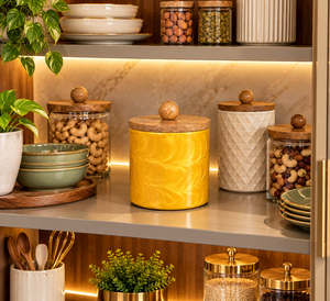 Recipiente Decorativo de Metal para Almacenamiento con Tapa de Madera y Acabado Dorado Marmoleado, Recipiente de Cocina de Lujo para Frutos Secos, Nueces y Galletas - Product Image 4