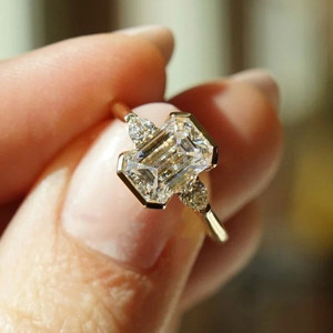 <b>Emerald</b> Cut Moissanite Three Stone Engagement <b>Ring</b> 925 Sterling <b>Silver</b> Pear Side Stones Trisha Jewels ER0021 Vintage Style for - Product Image 1
