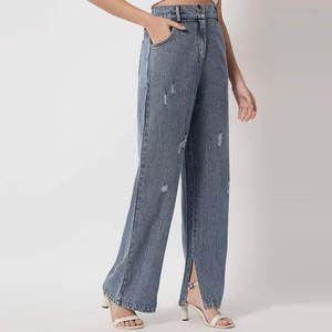 Vaqueros de cintura alta personalizados al por mayor, pantalones pitillo de mezclilla azul con cintura, vaqueros largos rectos desgastados y rasgados - Product Image 2