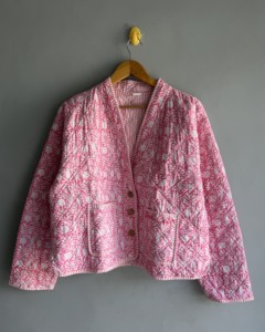 Pink Floral <b>Quilted</b> <b>Jacket</b> With Shawl Collar Button Closure Full Sleeve Spring Women's Outerwear gift for her - Product Image 1
